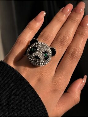 Betsey Johnson Panda Rhinestone Statement Ring Y2K